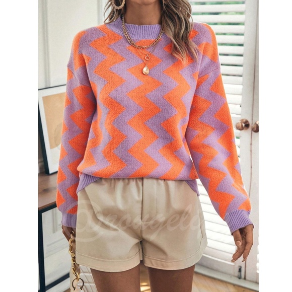Chevron Pattern Lavender & Orange Pullover Sweater Long Sleeve - Picture 3 of 12